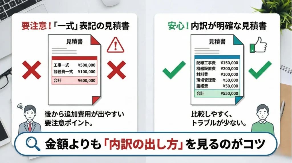 ⑤ 見積書の表記が「一式」になっていないか